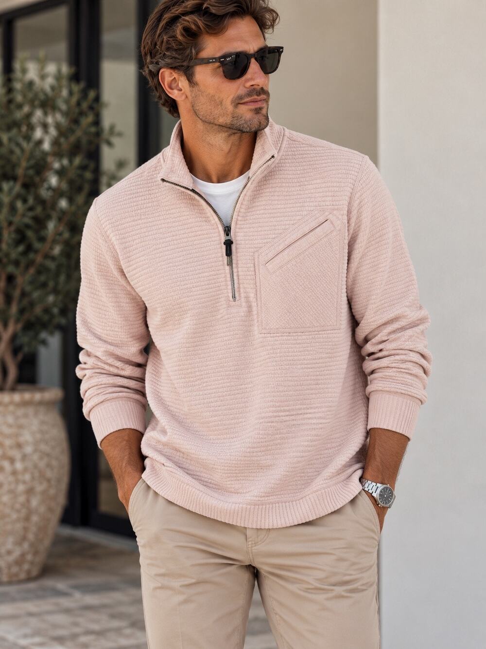 Billy Reid Quilted Half Zip Pullover Sweater Light Coral Pink Men's Size Medium